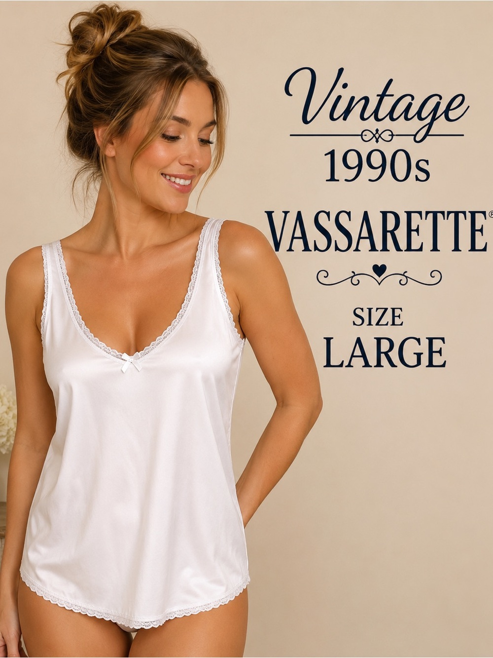 Vintage 90s Vassarette White Nylon Lace Camisole Large